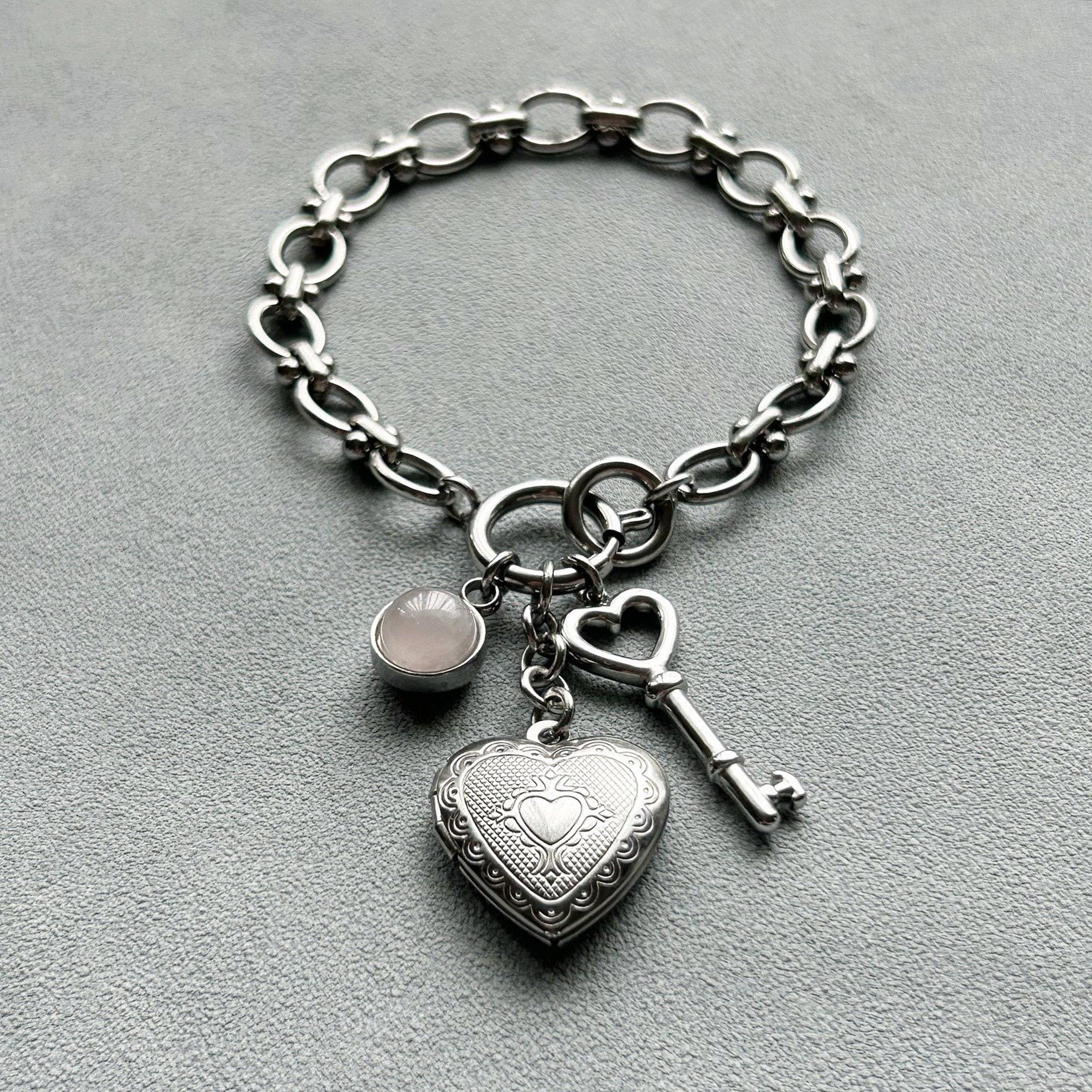 Stainless steel charm bracelet Y2K coquette heart locket, key & stone pendants