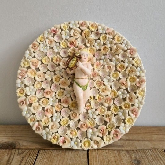 Antique Italian Ardalt Dresden Large Plate Cherub Mandolin Flowers wall hang 10
