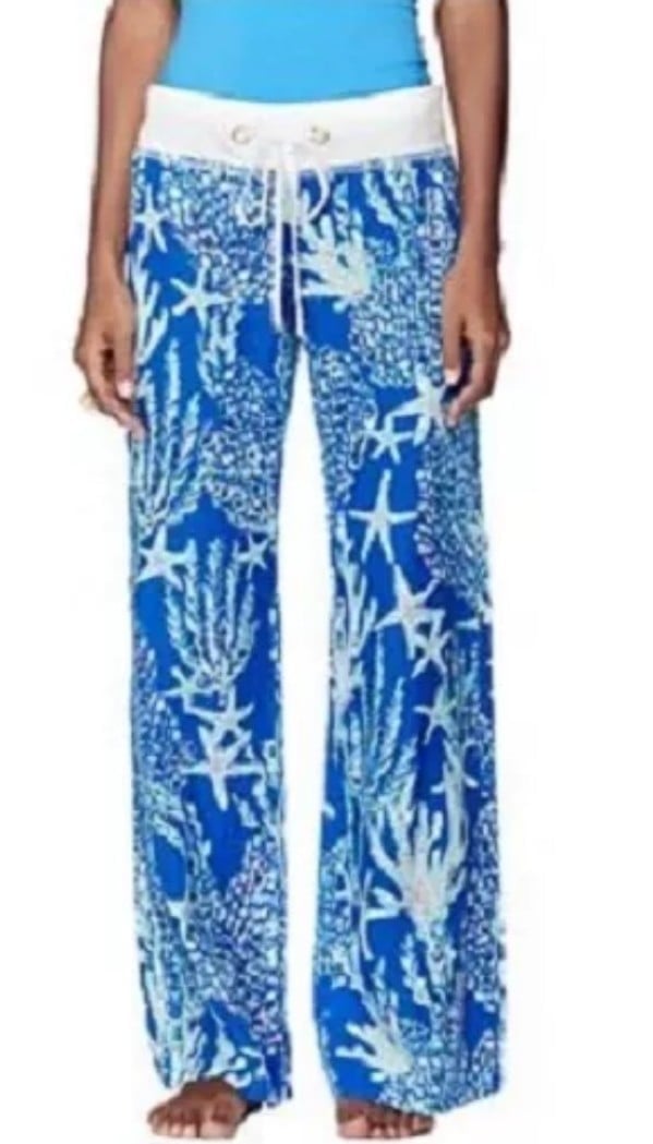 Lilly Pulitzer Linen Beach Pants Brewster Blue Reed White Pink Relaxed Wide XS