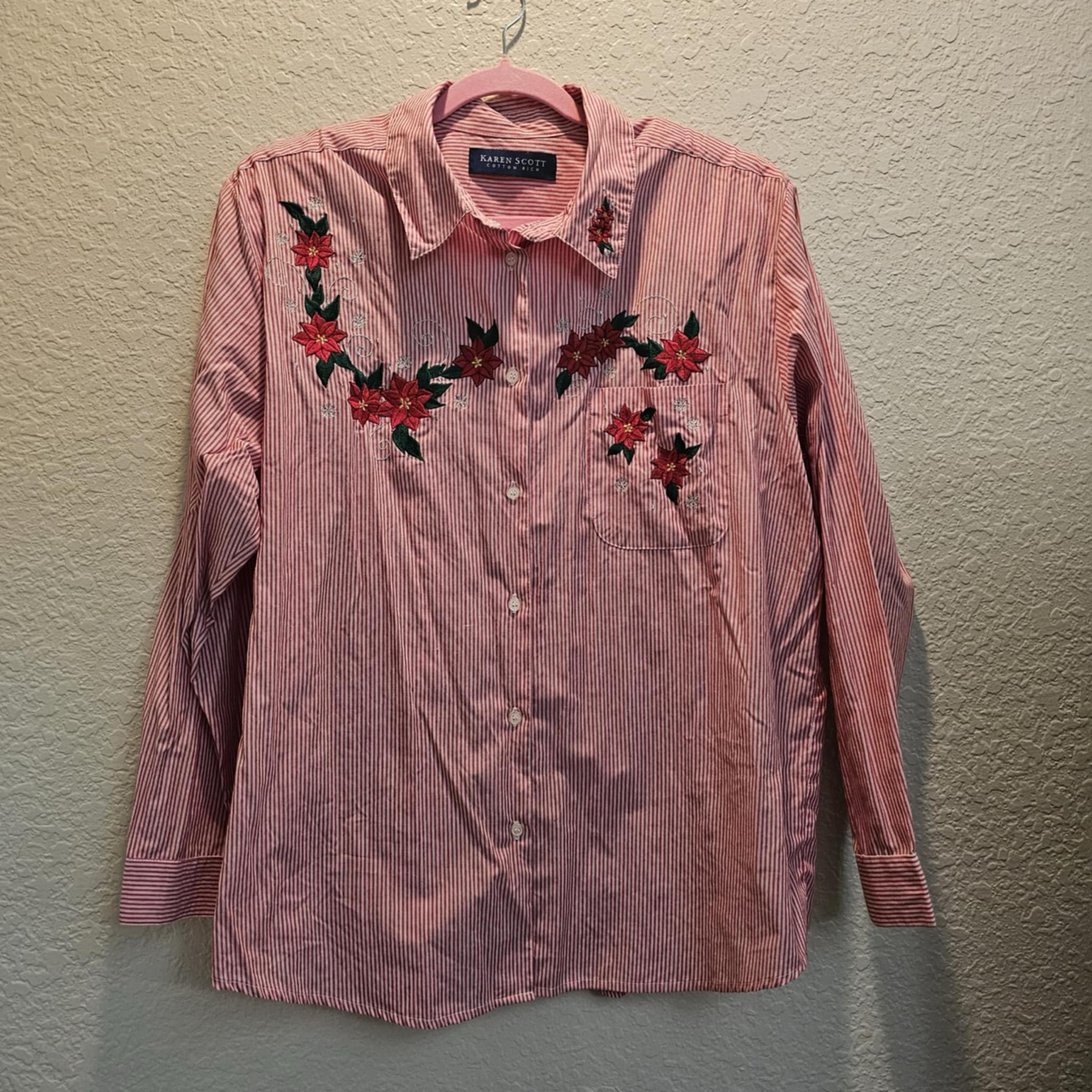 Karen Scott Womens XL Poinsettia Blouse Christmas  Red Stripe Button Collar