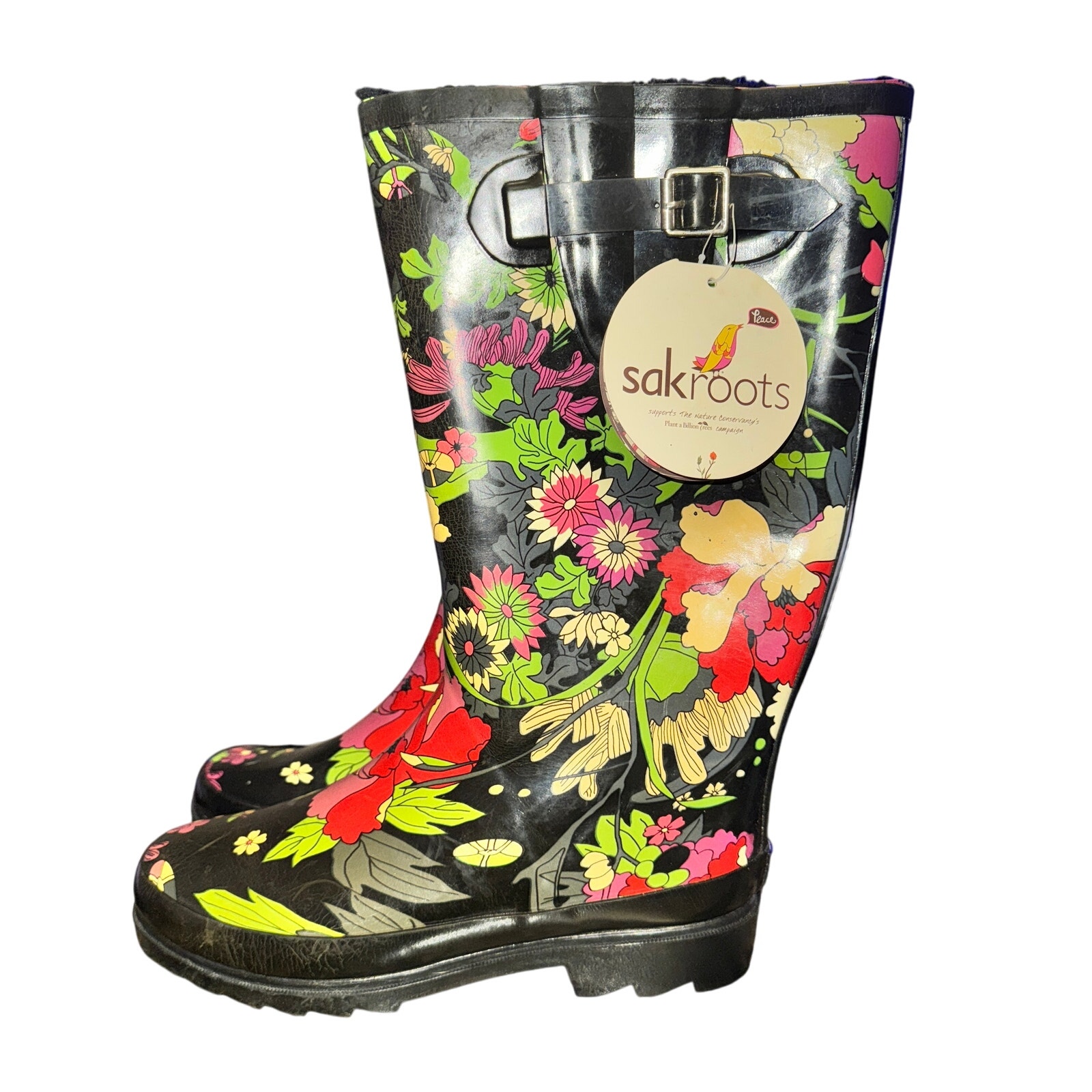 Sakroots Rhythm Rain Boots Women's Size 9 Black Flower Power Lined Shoes NWOB