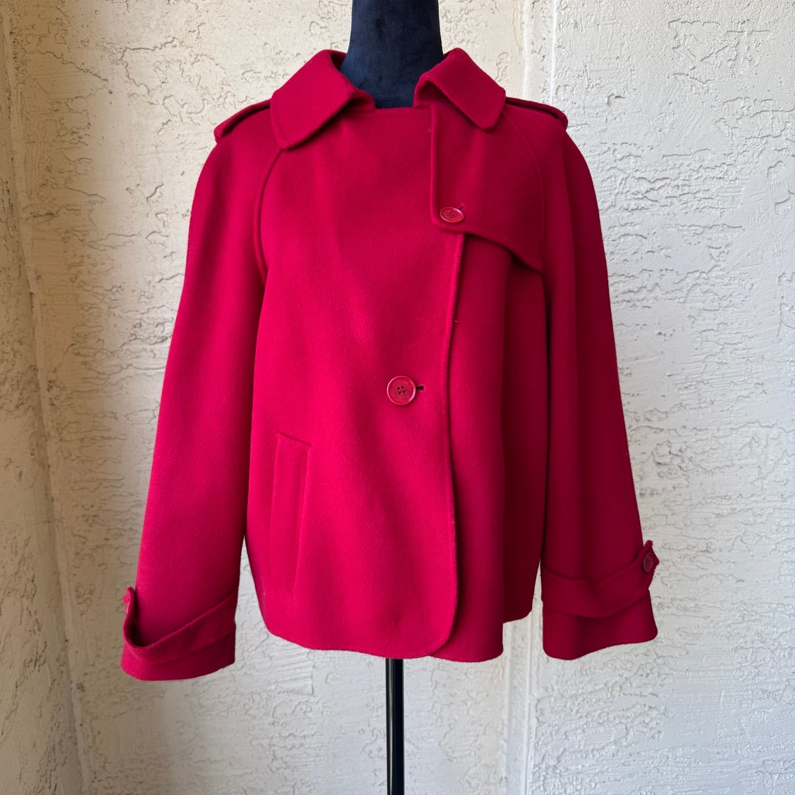 Talbots Red Wool Blend Pea Coat Size 12 Pockets Collared Button Closure