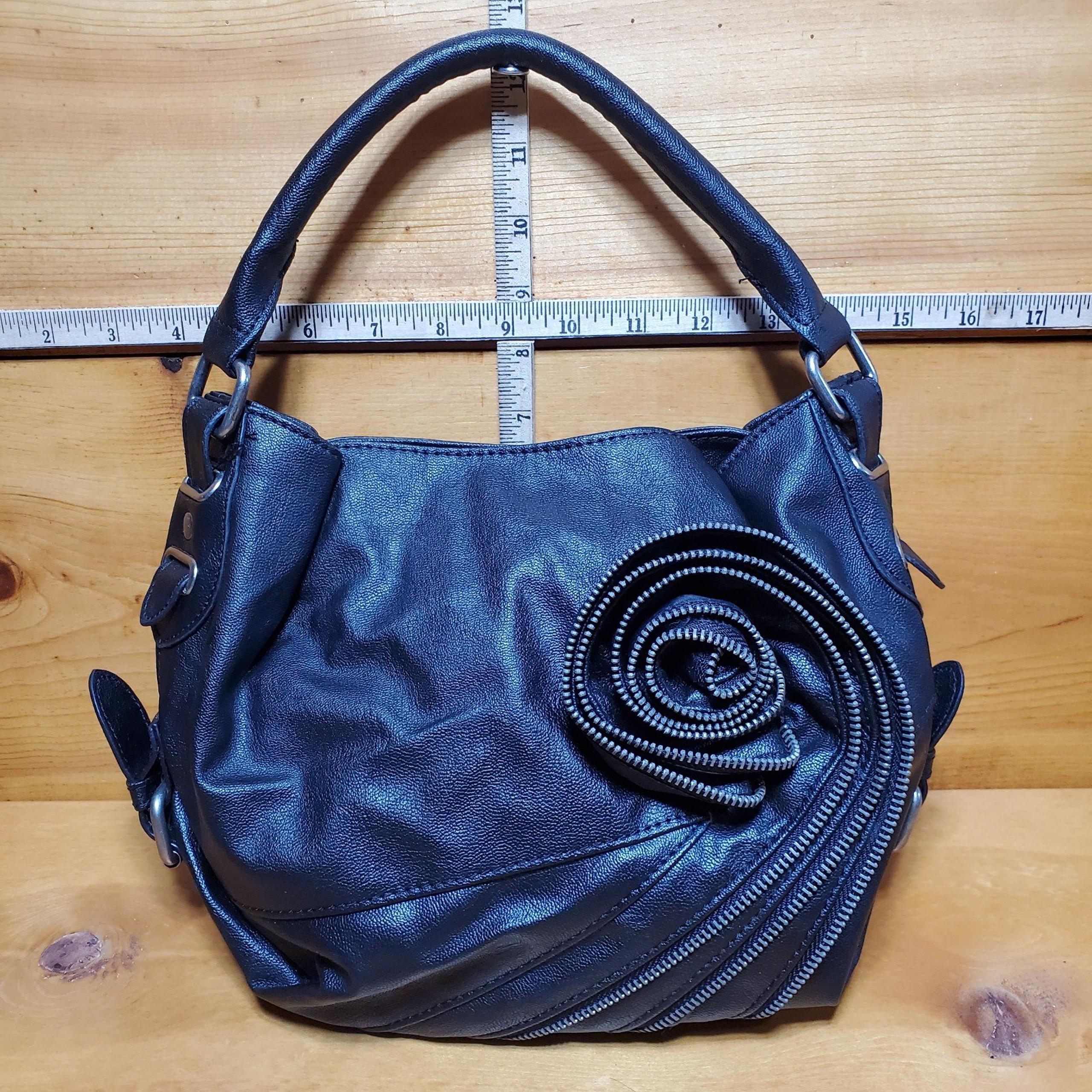 Olivia Joy New York Black Zipper Flower Leather Shoulder Handbag Crossbody Purse