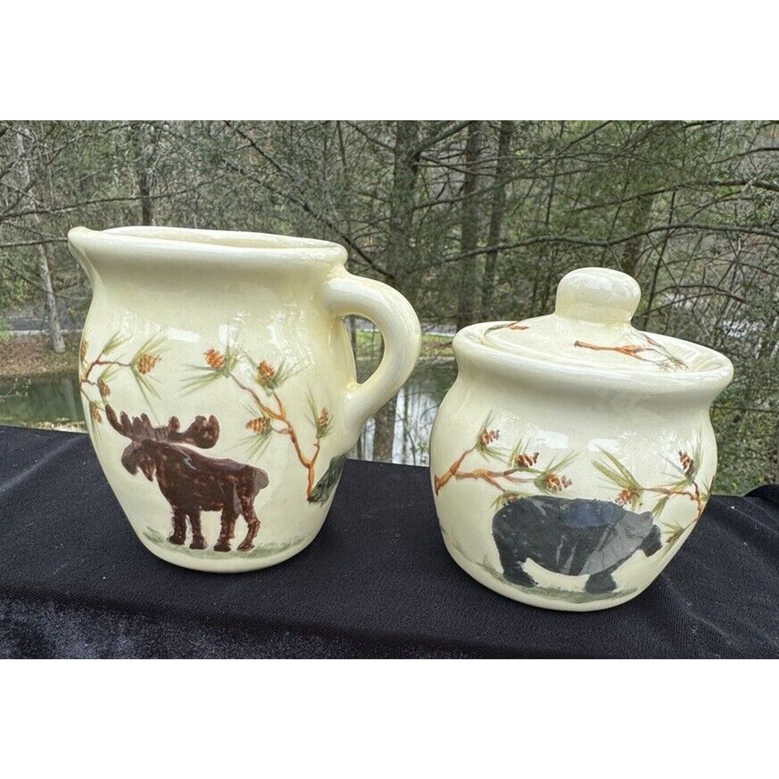 Vintage Signed TROLI Studio Art Pottery Cream & Sugar Dishes Log Cabin Theme A37