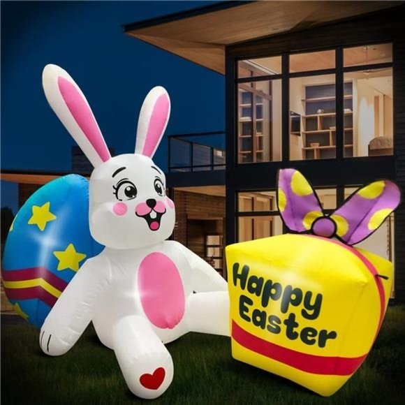 6FT Easter Inflatable Decorations Bunny with Egg, Build-in LED Lights Holiday