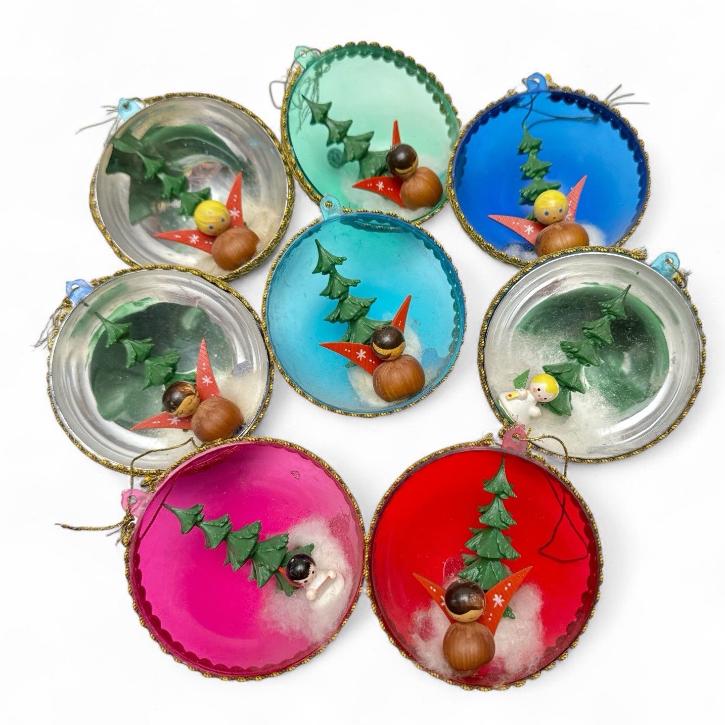 Vintage Set of 8 Diorama Wooden Angels Christmas Tree Ornaments W. Germany
