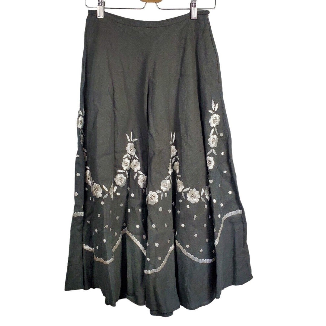 Armand Ventilo 100% Linen Floral Raffia Embroidered Gray White Maxi Skirt Sz 38