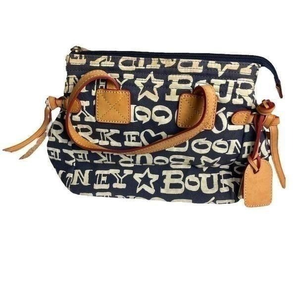 Authentic Vintage Dooney & Bourke logo Blue White Shoulder Bag Brown Leather