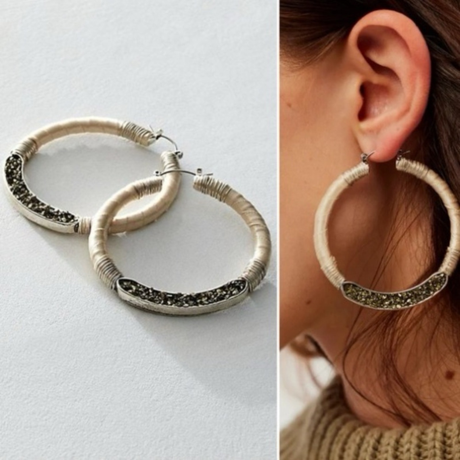 Free People Whitney Hoops Neutral Silver NWT Western Bohemian Earrings Stones