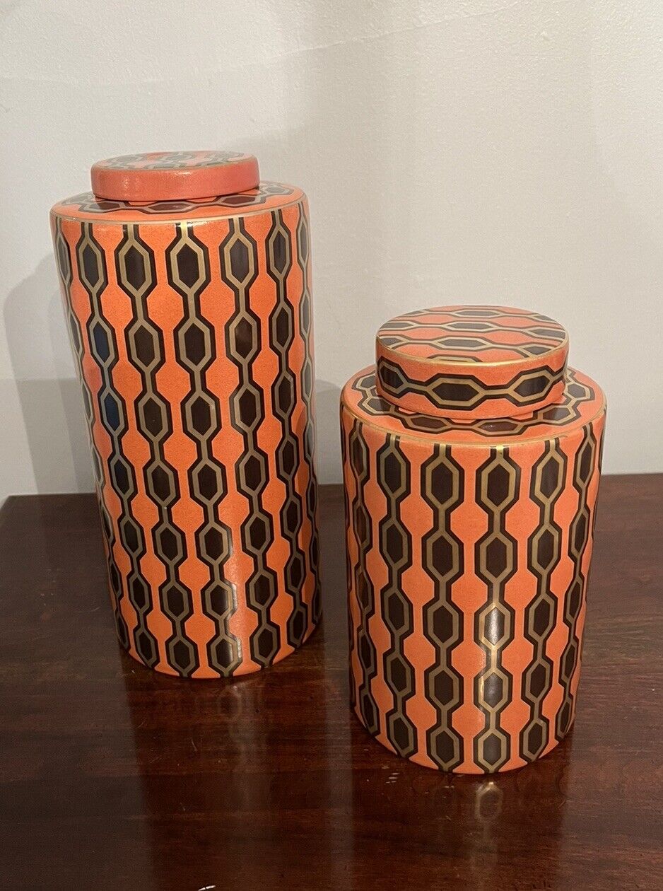 Kelly Hoppen Contemporary Geometric Ceramic Orange Gold Vases Set/2 Rare