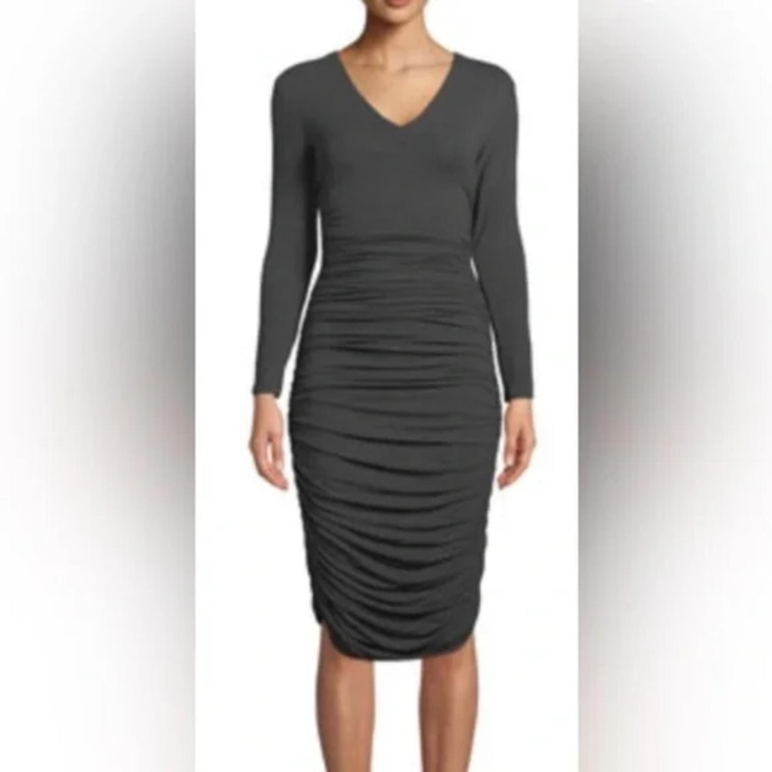 Norma Kamali Dress Womens Extra Small Midi Bodycon Ruched Long Sleeve Gray VNeck