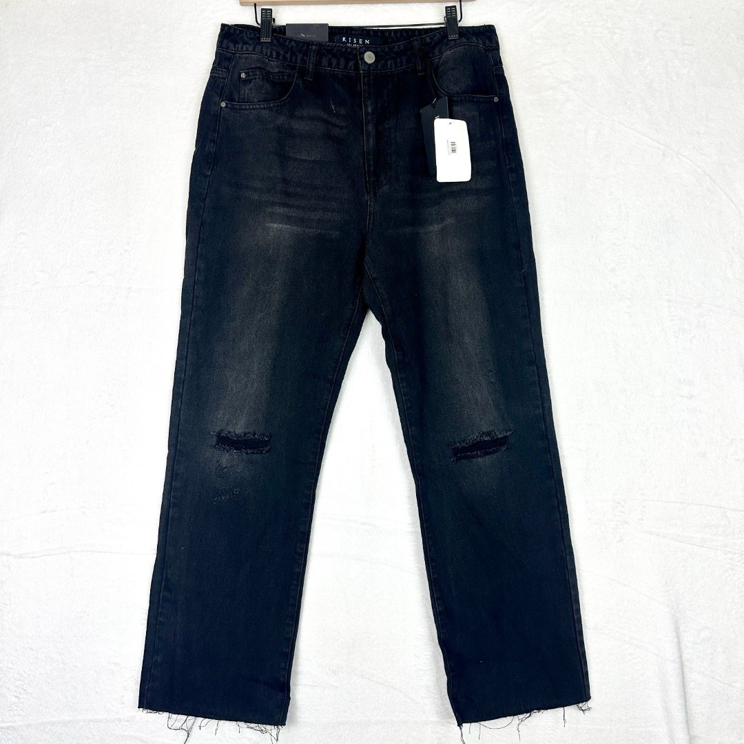 Risen High Waist Straight Leg Jeans Size 31/13 NWT Black Distressed Raw Hem