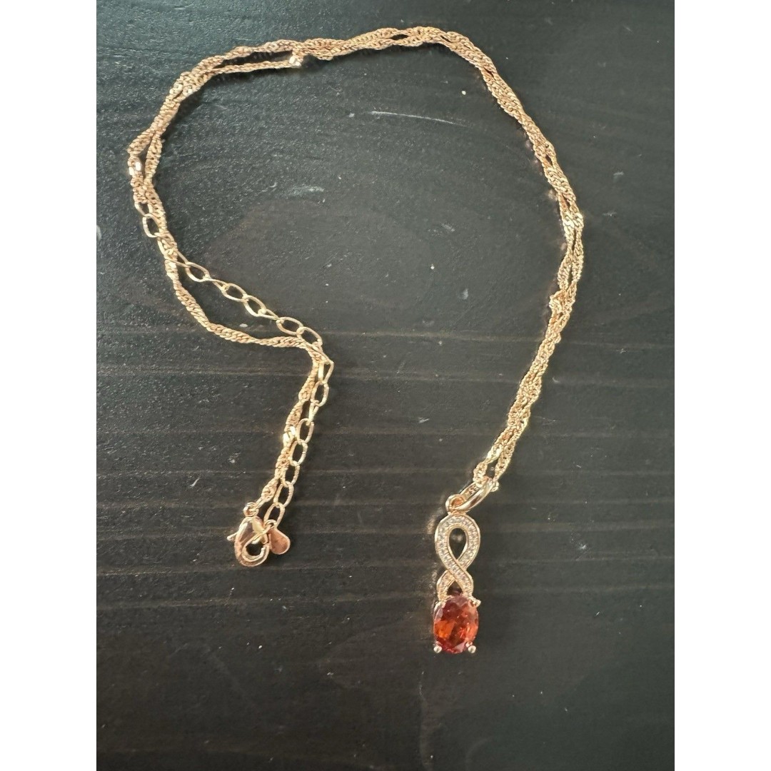 585 14K RG Stamped Infinity Cognac Red Sparkle Pendant 19” Necklace Clasp Chain