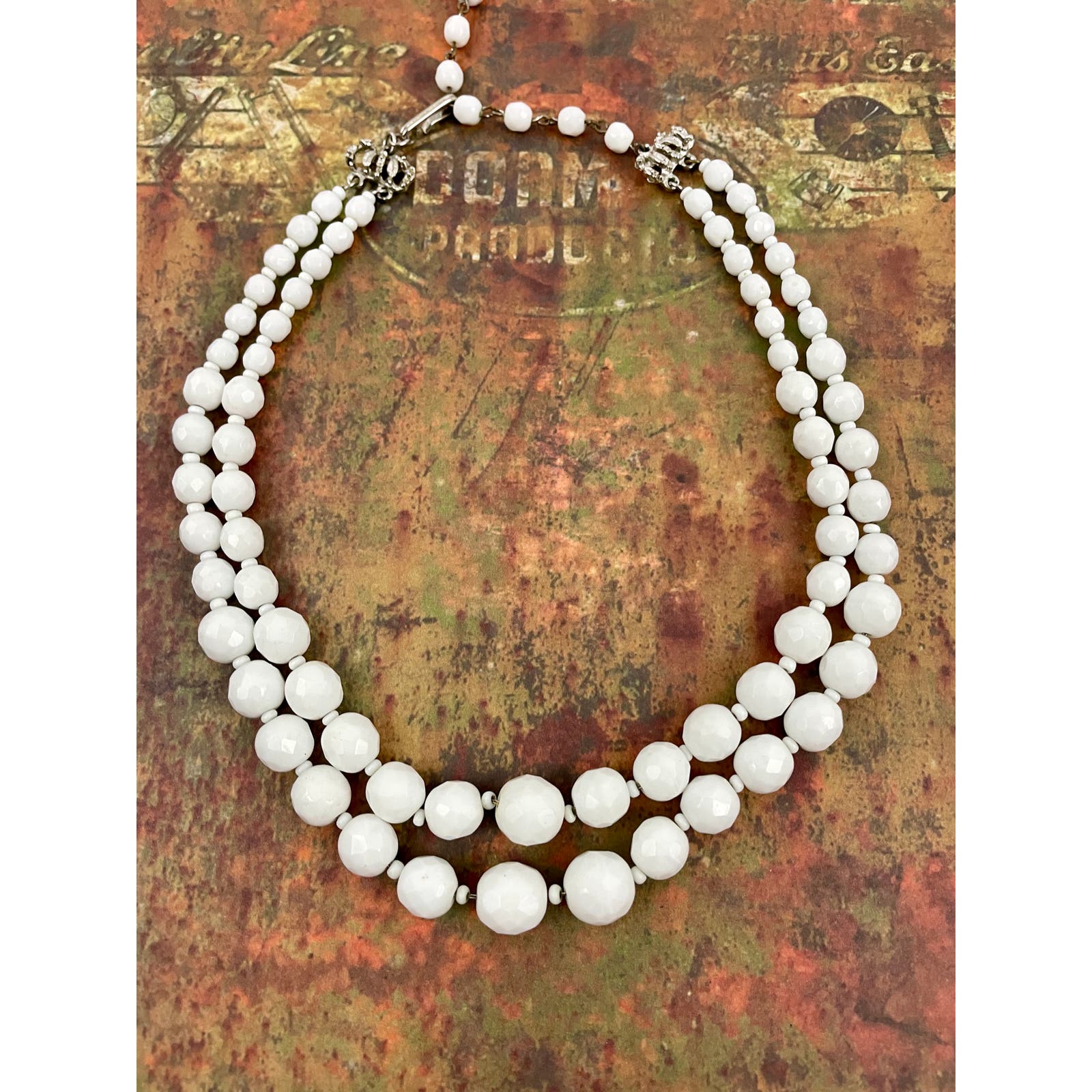 VTG Hobe White Glass Bead Necklace Layered Signed 16 1960's Rare