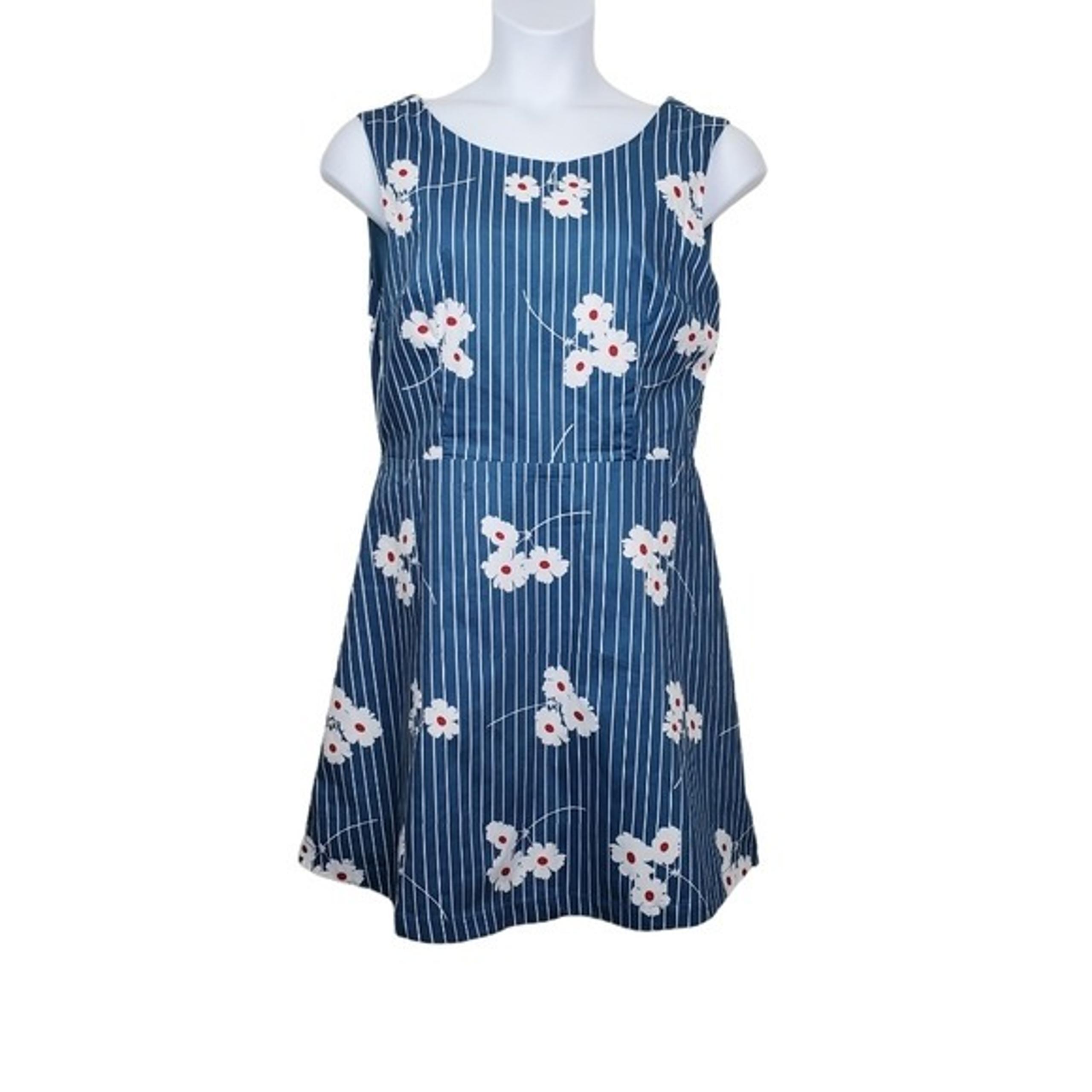 ModCloth Womens Sleeveless Teal Blue Stripe Floral Print A-Line Dress Size 14