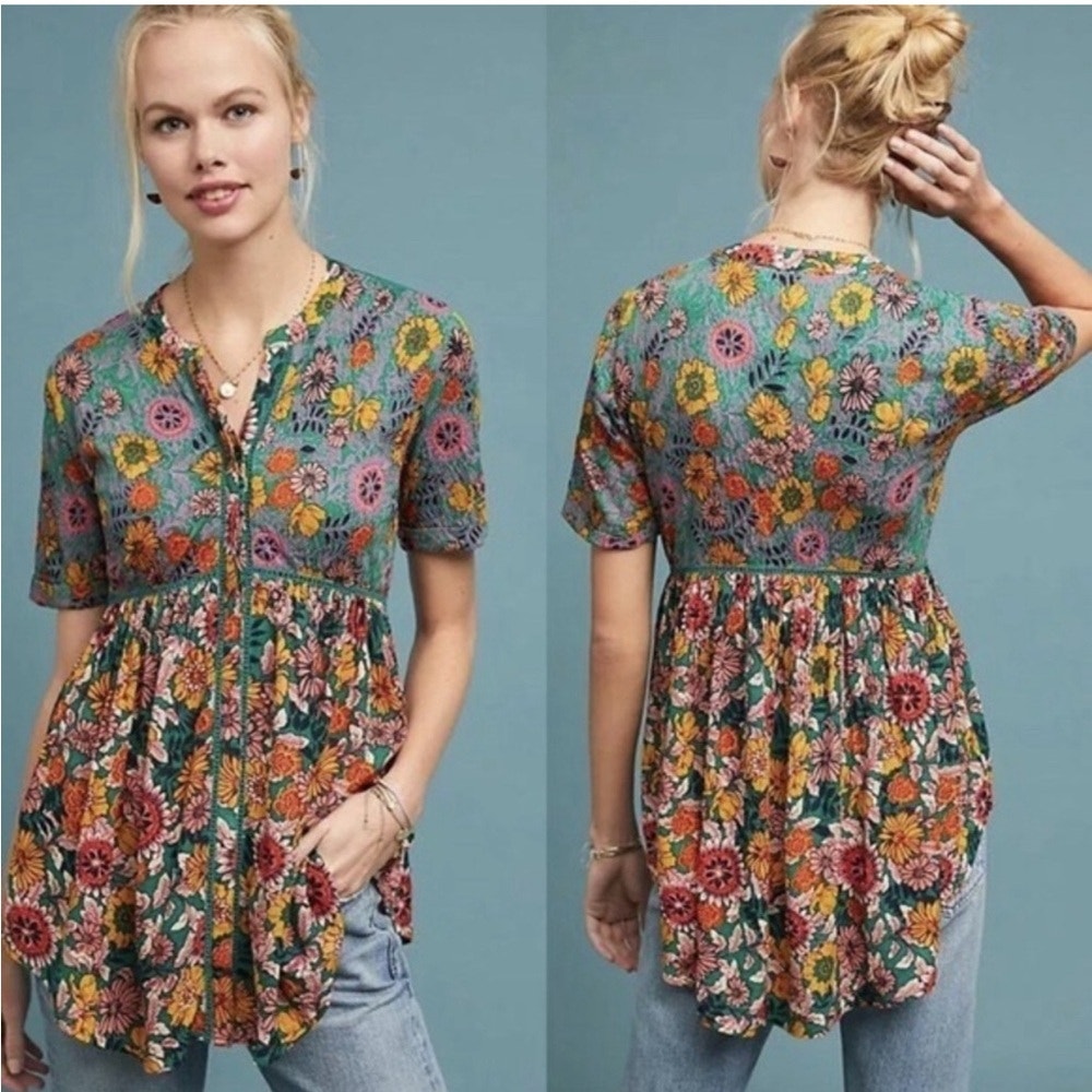 Akemi + Kin Anthropologie Veria Floral Multi Button Tunic Trim V-Neck Blouse XS
