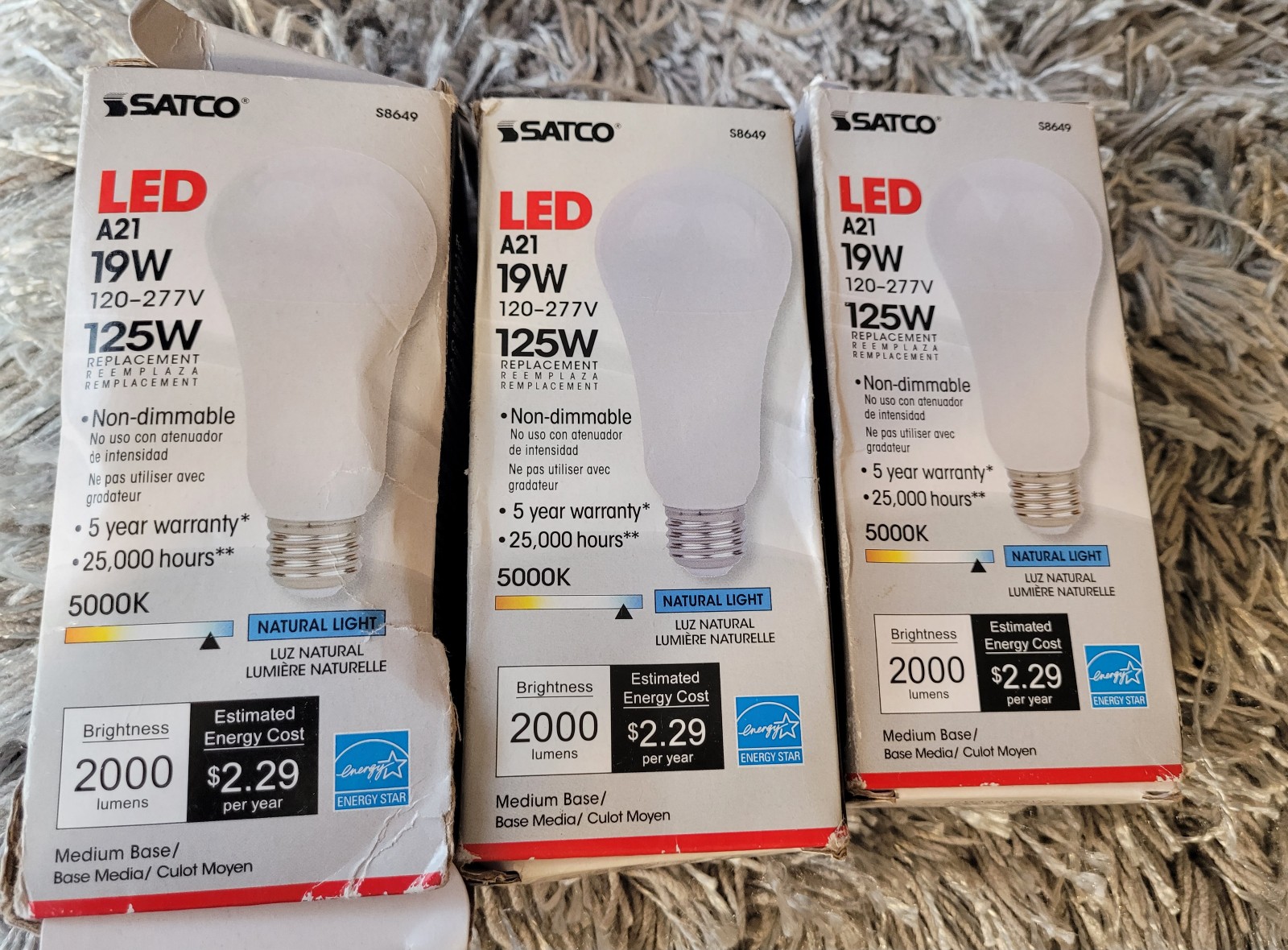 Satco S8649 120-277V 19W =125W A21 LED Bulb Medium E26 5000K Natural Light. 3pcs
