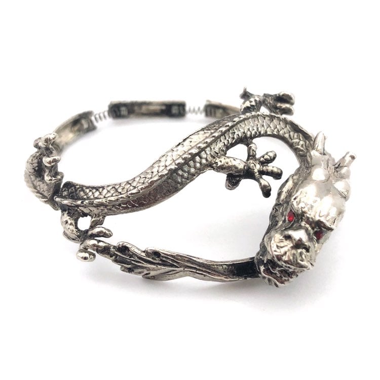 Vtg Dragon Head Red Eyes Silver Bracelet