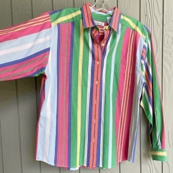 Vintage 80s/90s Talbots Rainbow Striped Button-Up Shirt, Colorful, Size M