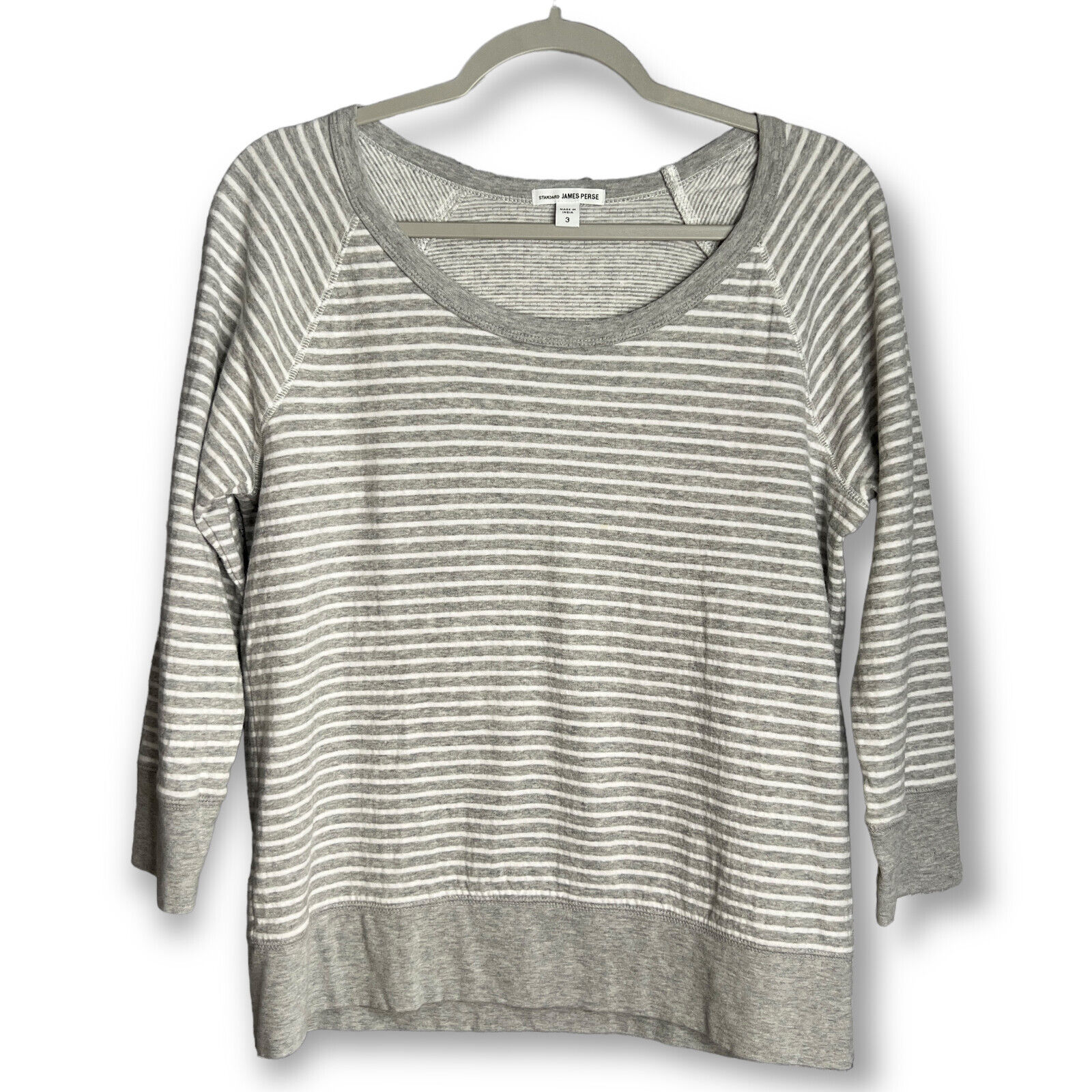 James Perse Striped Heathered Raglan Sweatshirt SIZE 3 L Gray White Pullover
