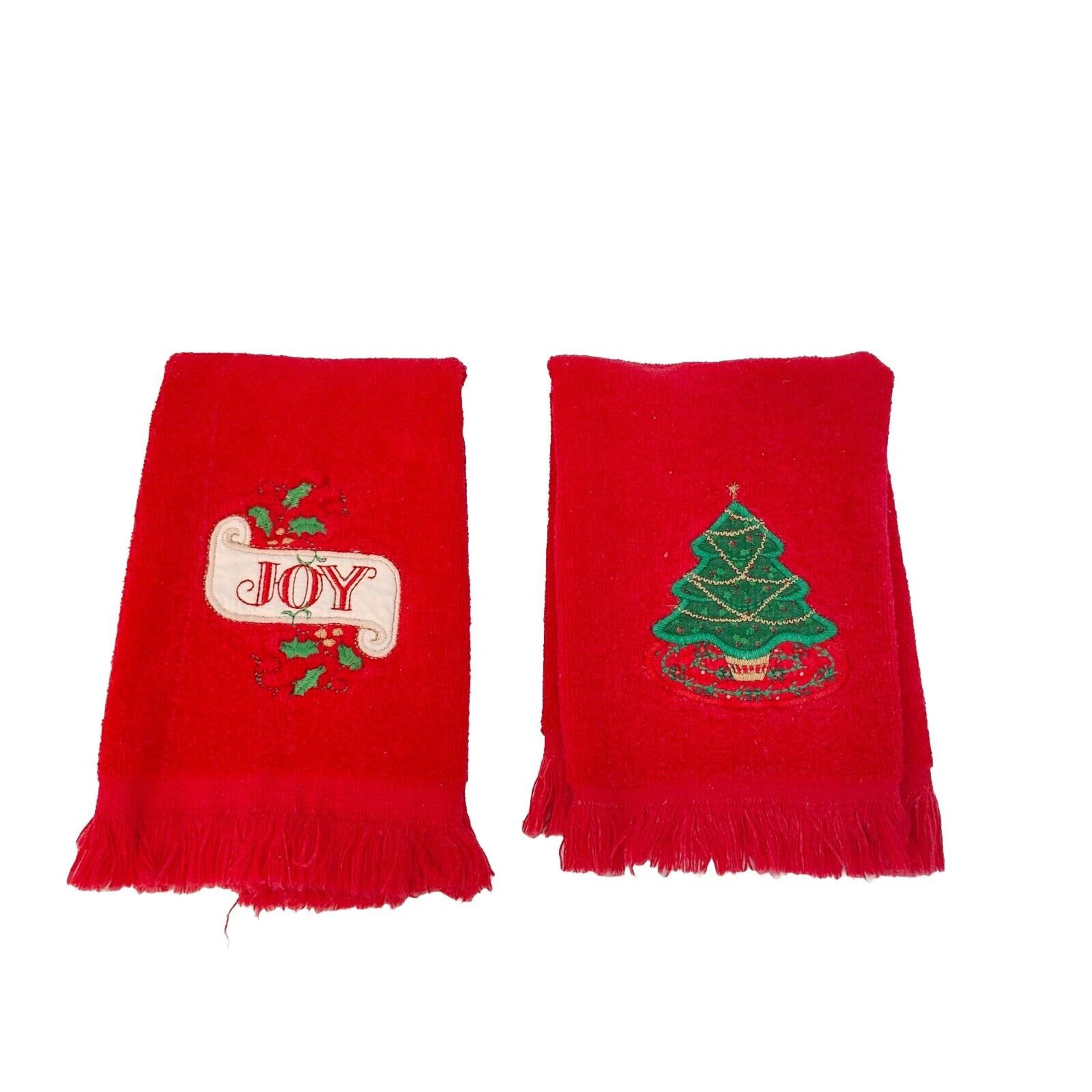 Cannon Red Christmas Tree Joy Embroidered Holiday Fringe Fingertip Towels VTG 2