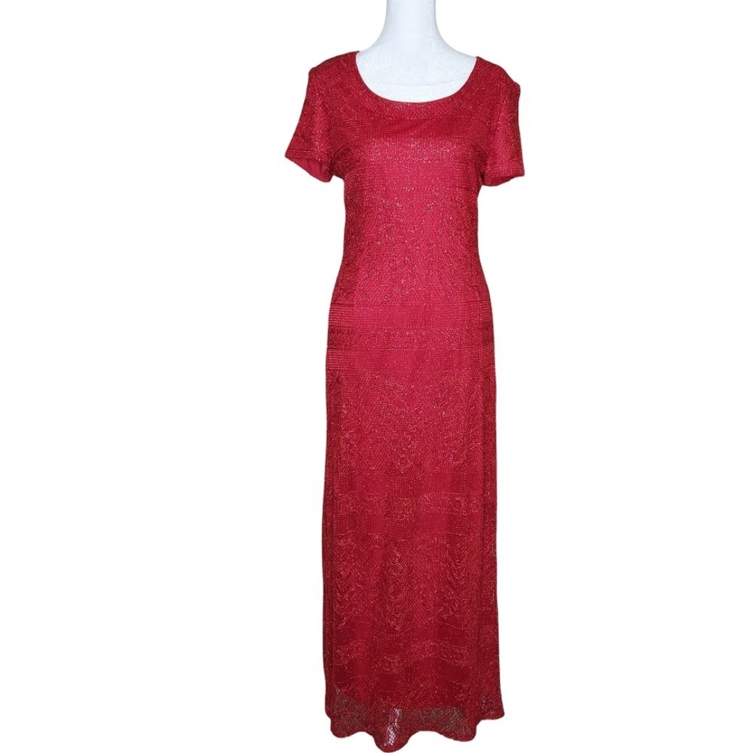 Jessica Howard Vintage 90s Lace Dress Red Silver Metallic Glitter Women's 10