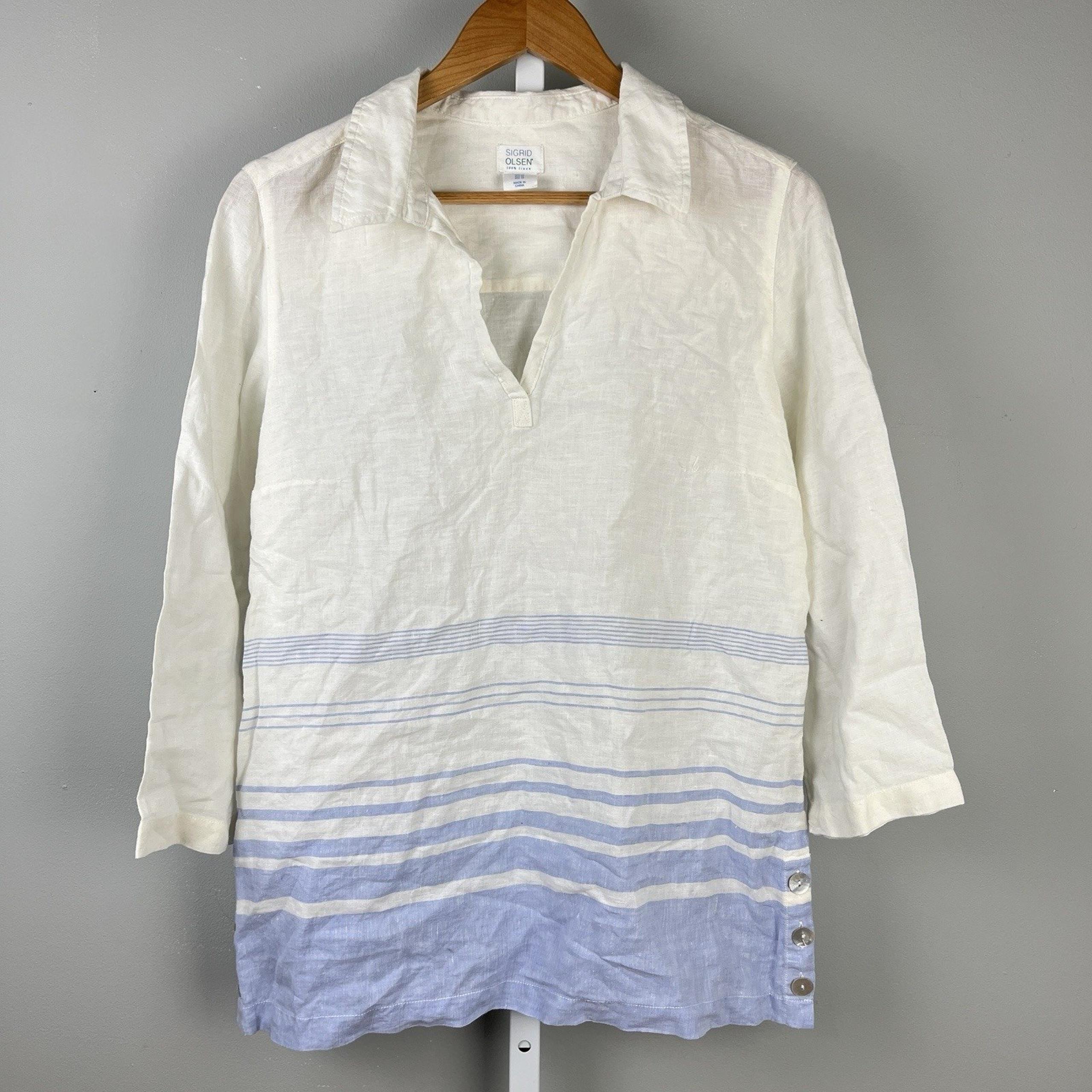 Sigrid Olsen Popover Tunic Top Shirt Womens Medium Blue White Stripe 100% Linen