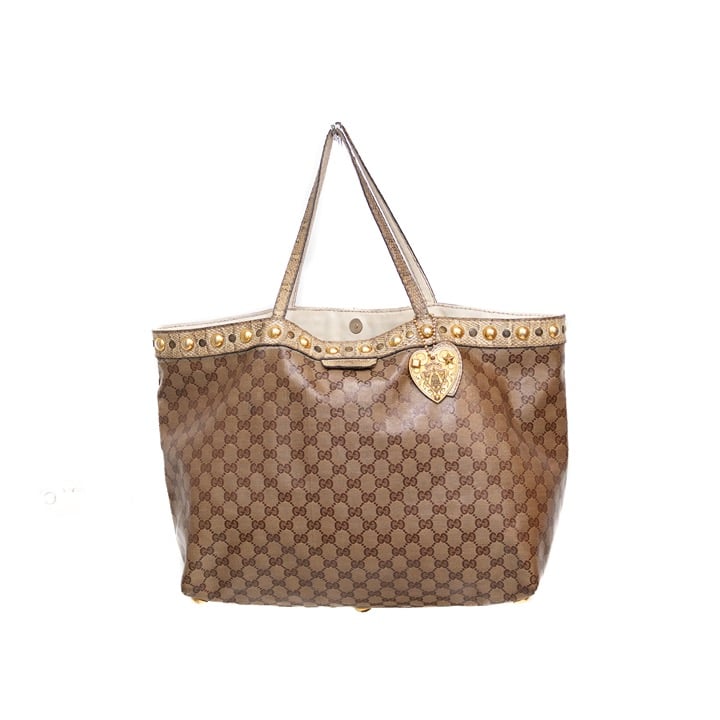 Authentic Gucci GG Monogram Canvas Tote Bag with Gold-Tone Studs and Snakeskin