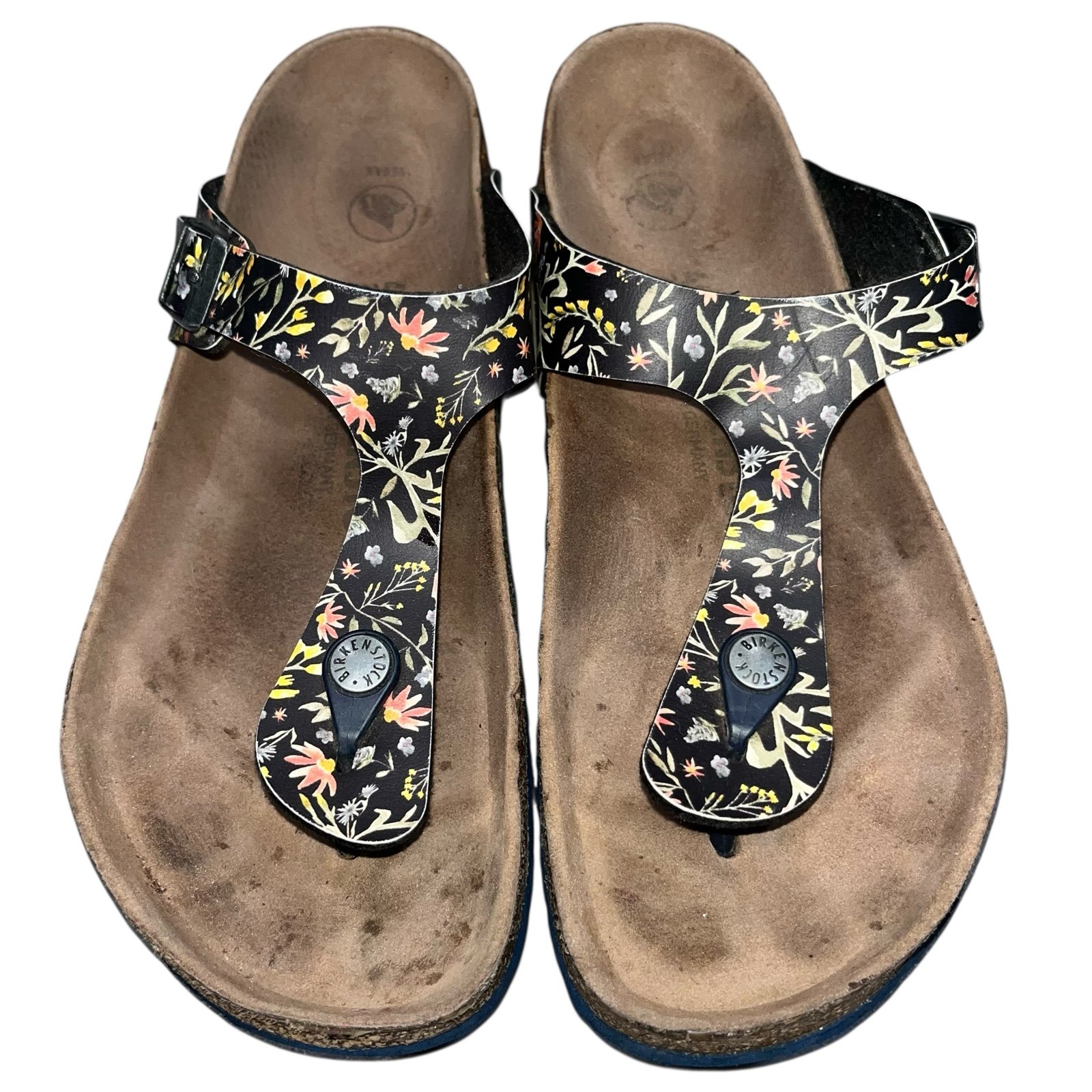 Birkenstock Gizeh Birko-Flor Black Floral Vegan Leather Thong Sandals size 40 9