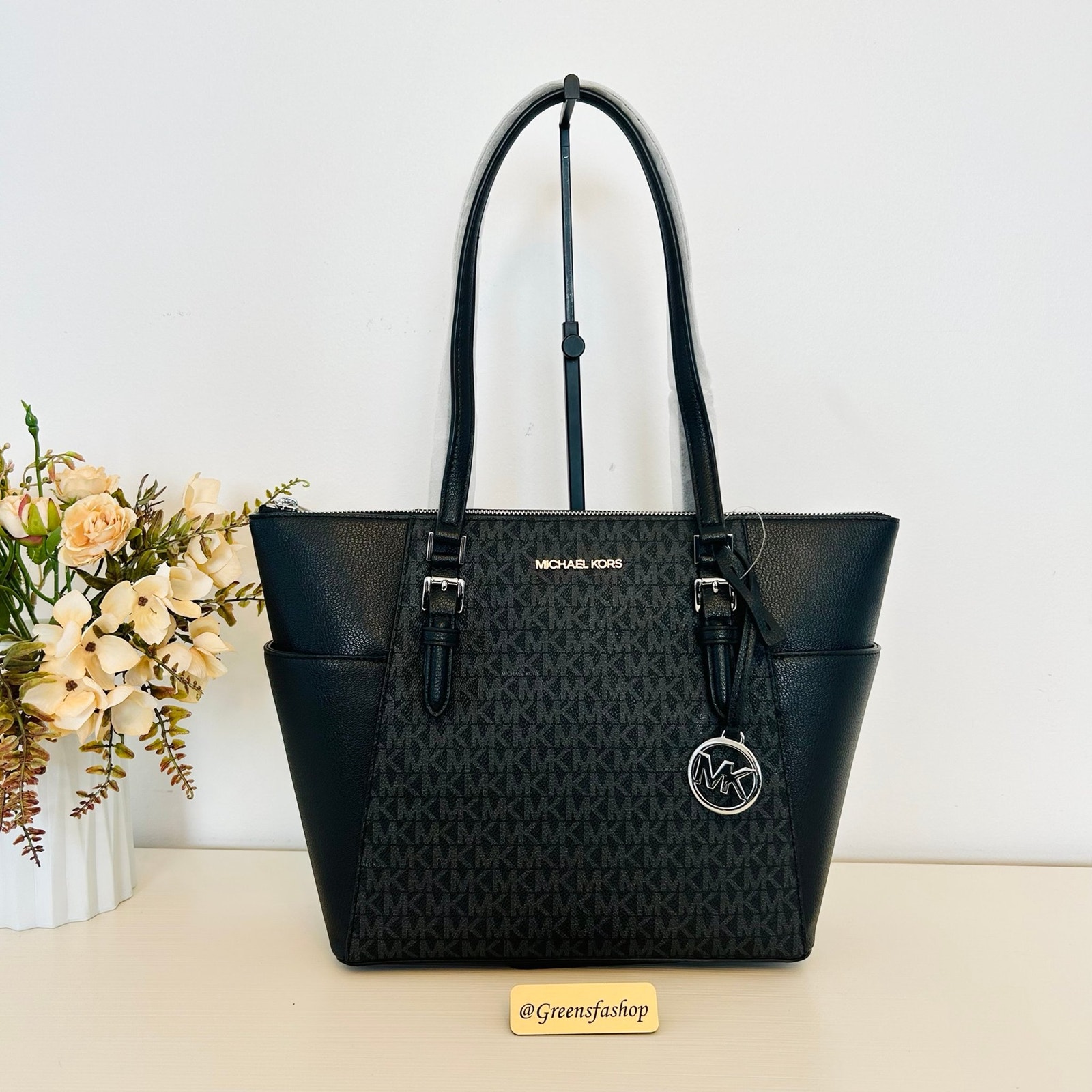 Michael Kors Charlotte Top Zip Tote shoulder bag black signature