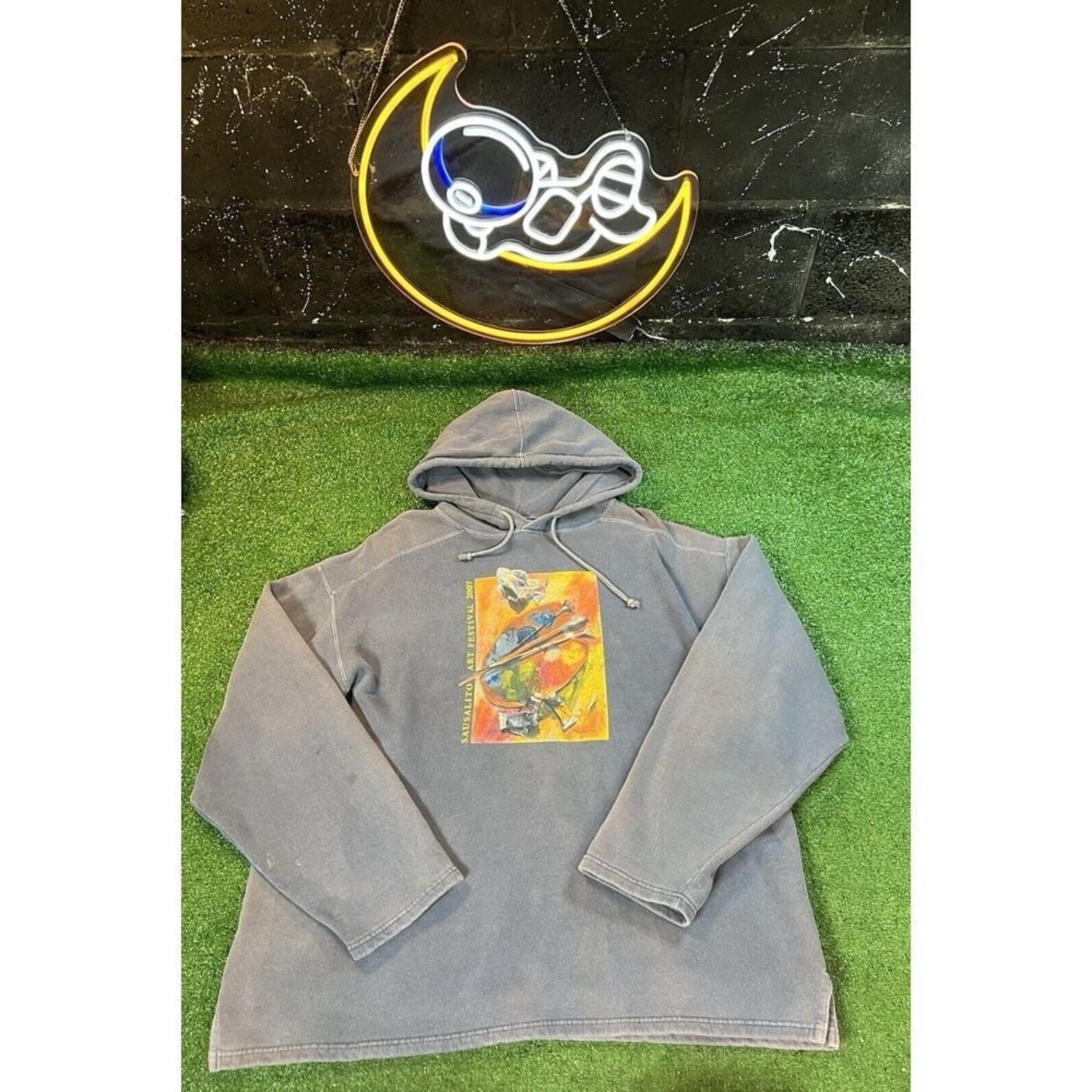 Y2K Authentic Pigment Distressed Gray Sausalito Art Festival Hoodie Men's Sz LG