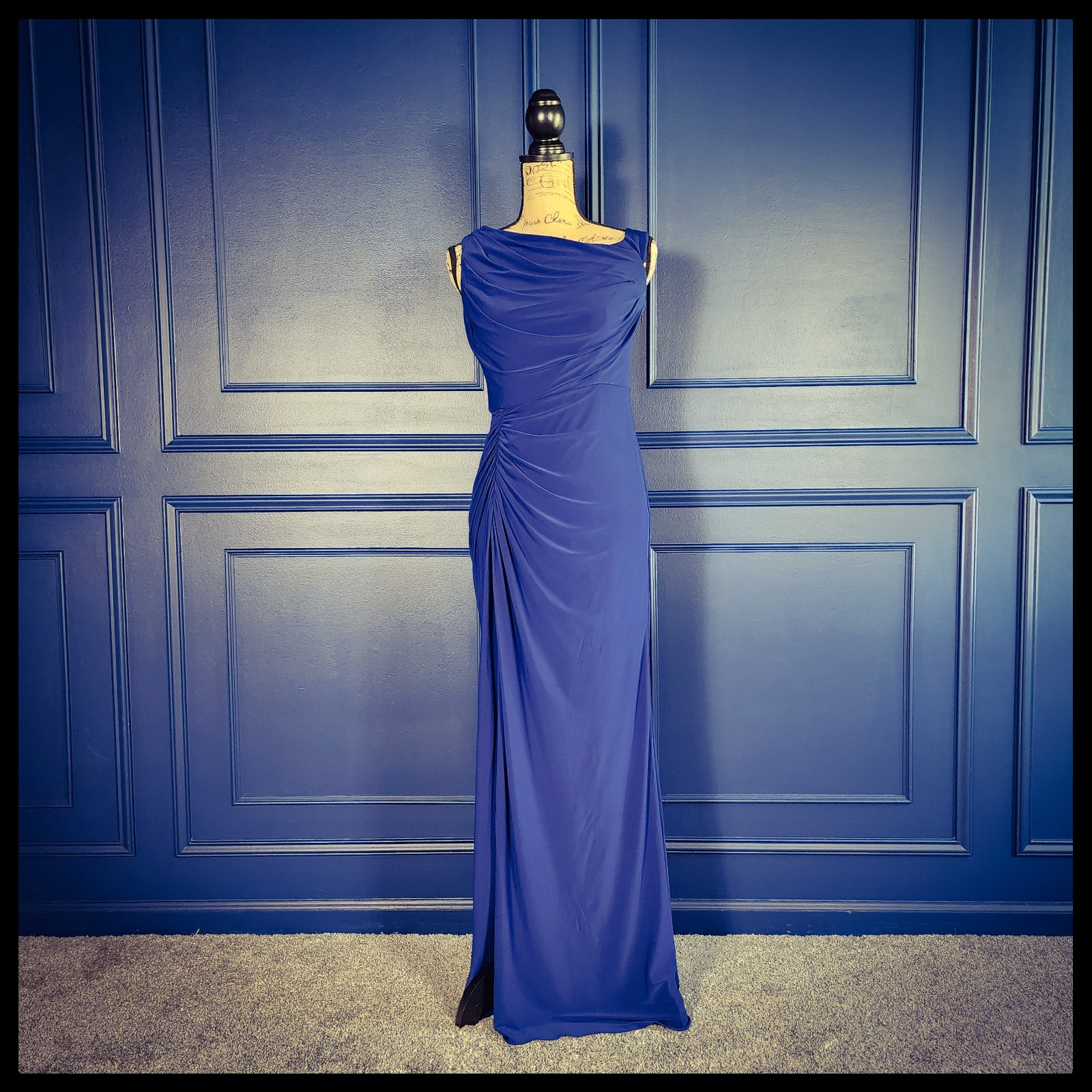 Adrianna Papell Asymmetrical Off-Shoulder Floor Length Navy Blue Gown Size 2