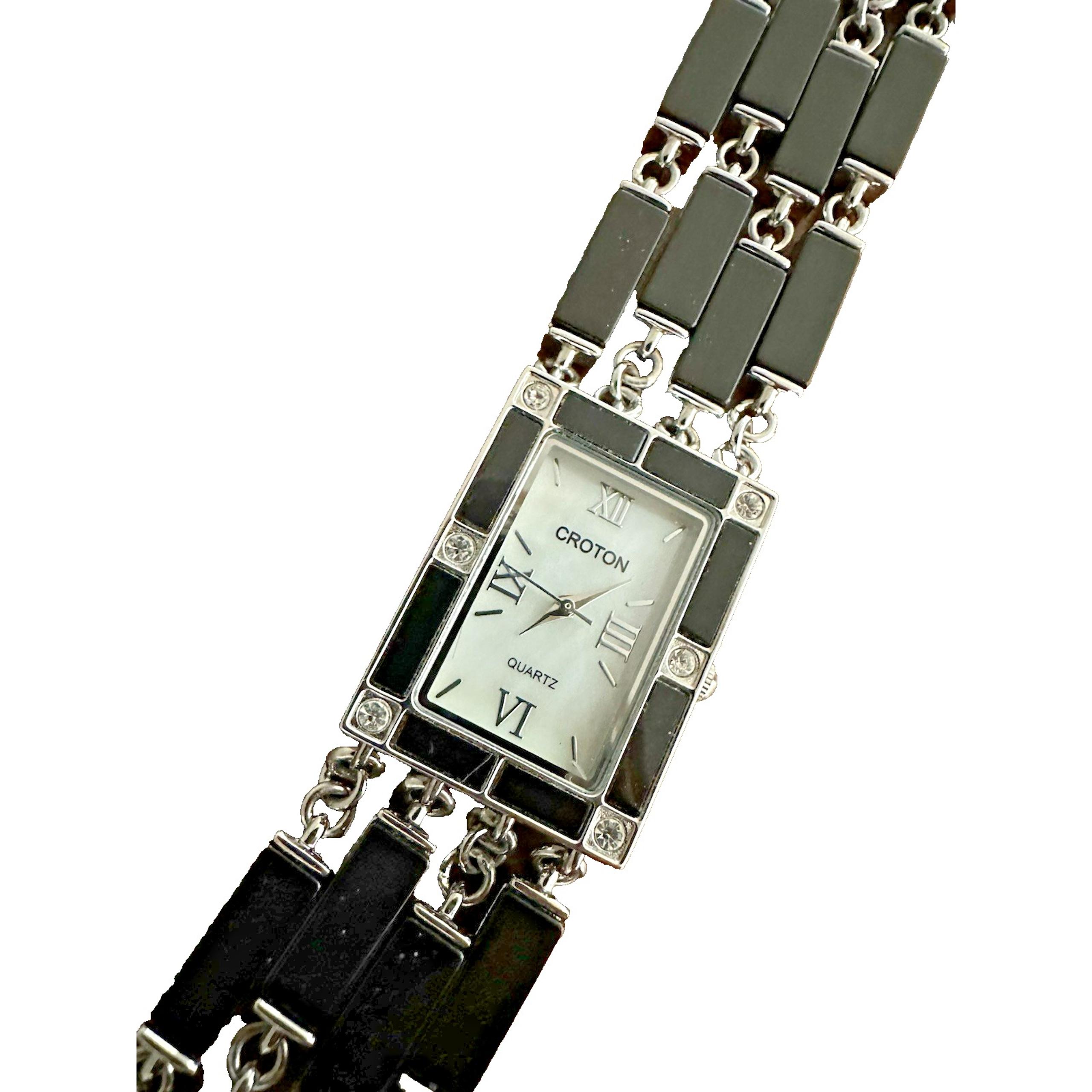 Croton Black Enamel Rectangle Black Beads Silver Bracelet Band Roman Numeral
