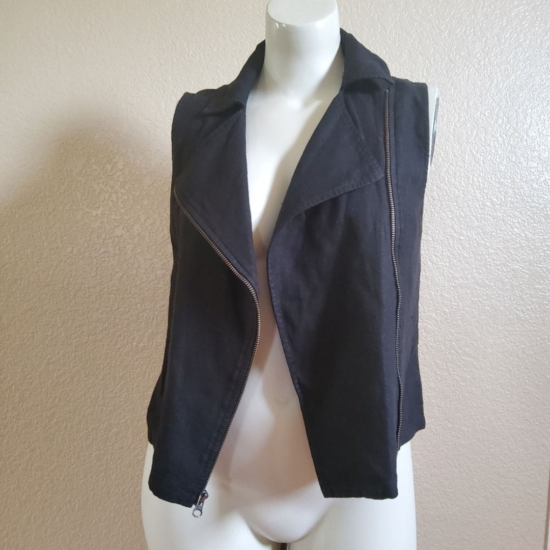 New Krisa Linen Black Sleeveless Zipper Moto Vest Jacket Size L