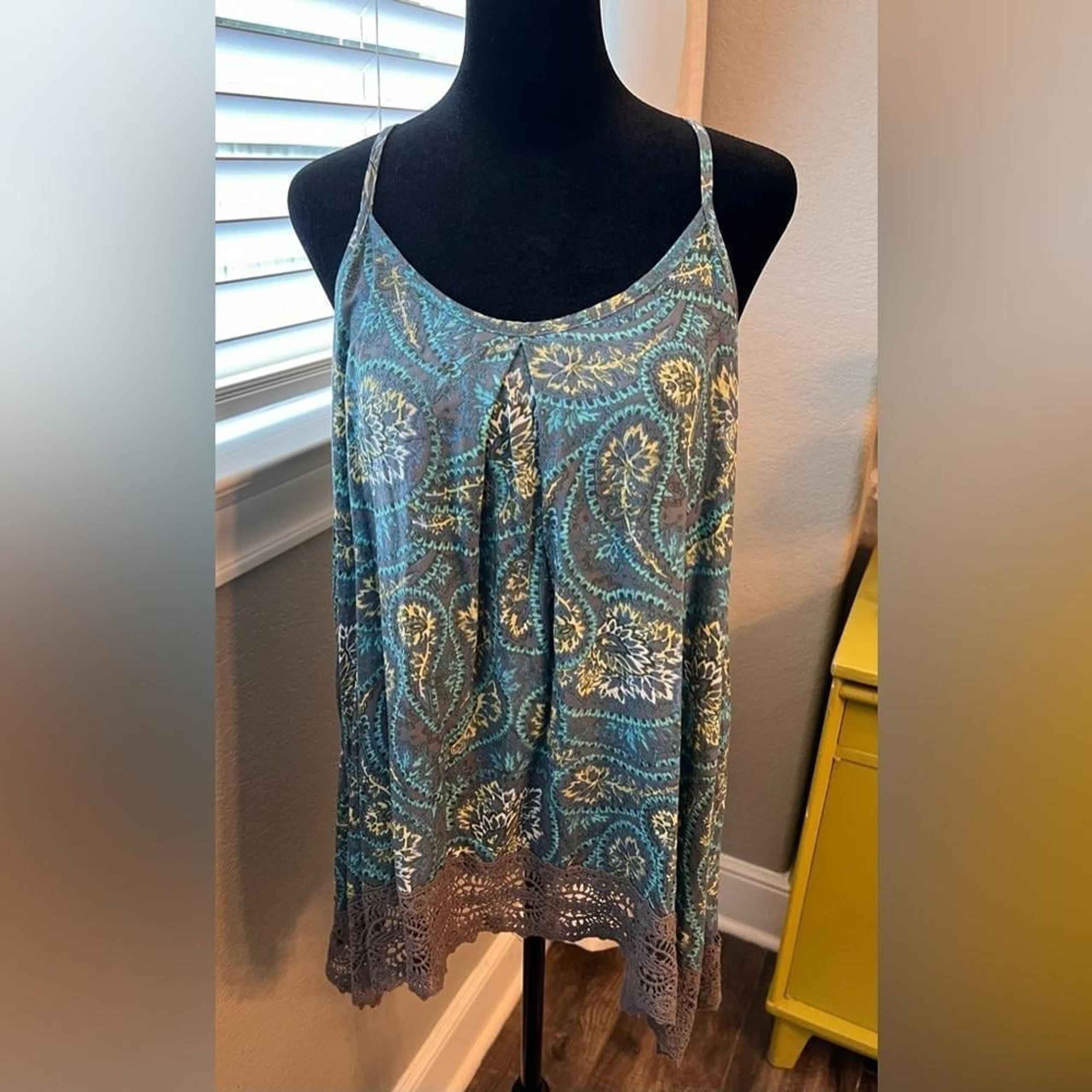 Mossimo womens turquoise tank tunic w/ gray lace trim. Rayon, cotton. Size XL