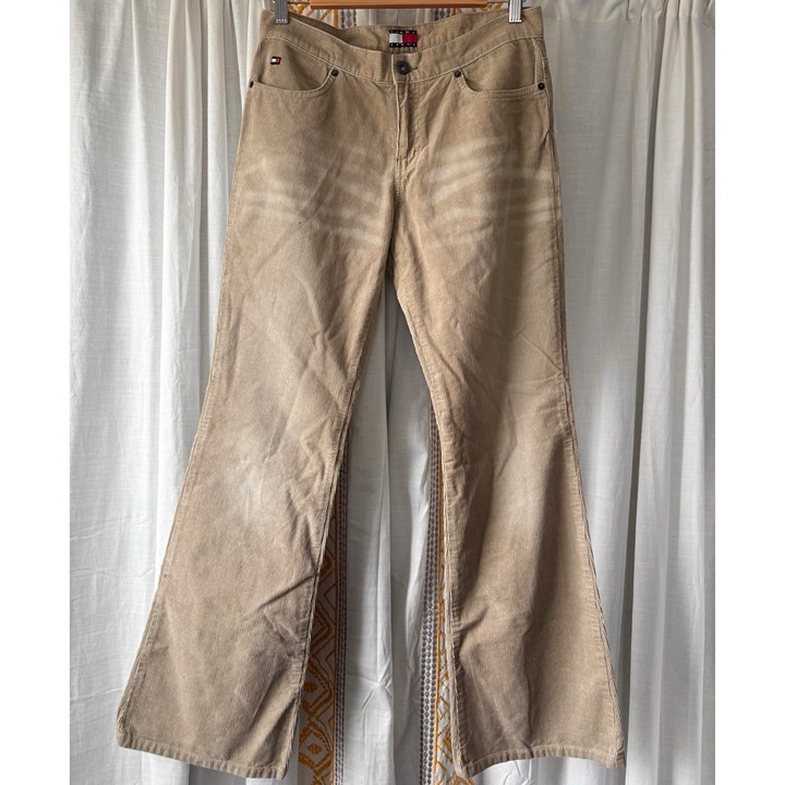 Vtg Tommy Jeans Y2K Flare Corduroy Pants (Juniors 7 Women’s 8) Tan Low Rise 2001
