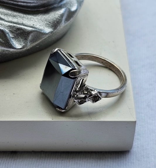 Vintage Ladie's Sterling Silver 925 Hemotite With Rhinestones Art Deco Ring Sz 4