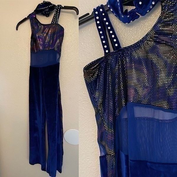 The Line Up Dance Costume unitard blue velvet rhinestone wide leg halter -MC 10