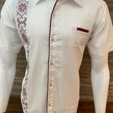 Medium 38 Guayabera Shirt White Linen Short Sleeve Maroon Embroidery