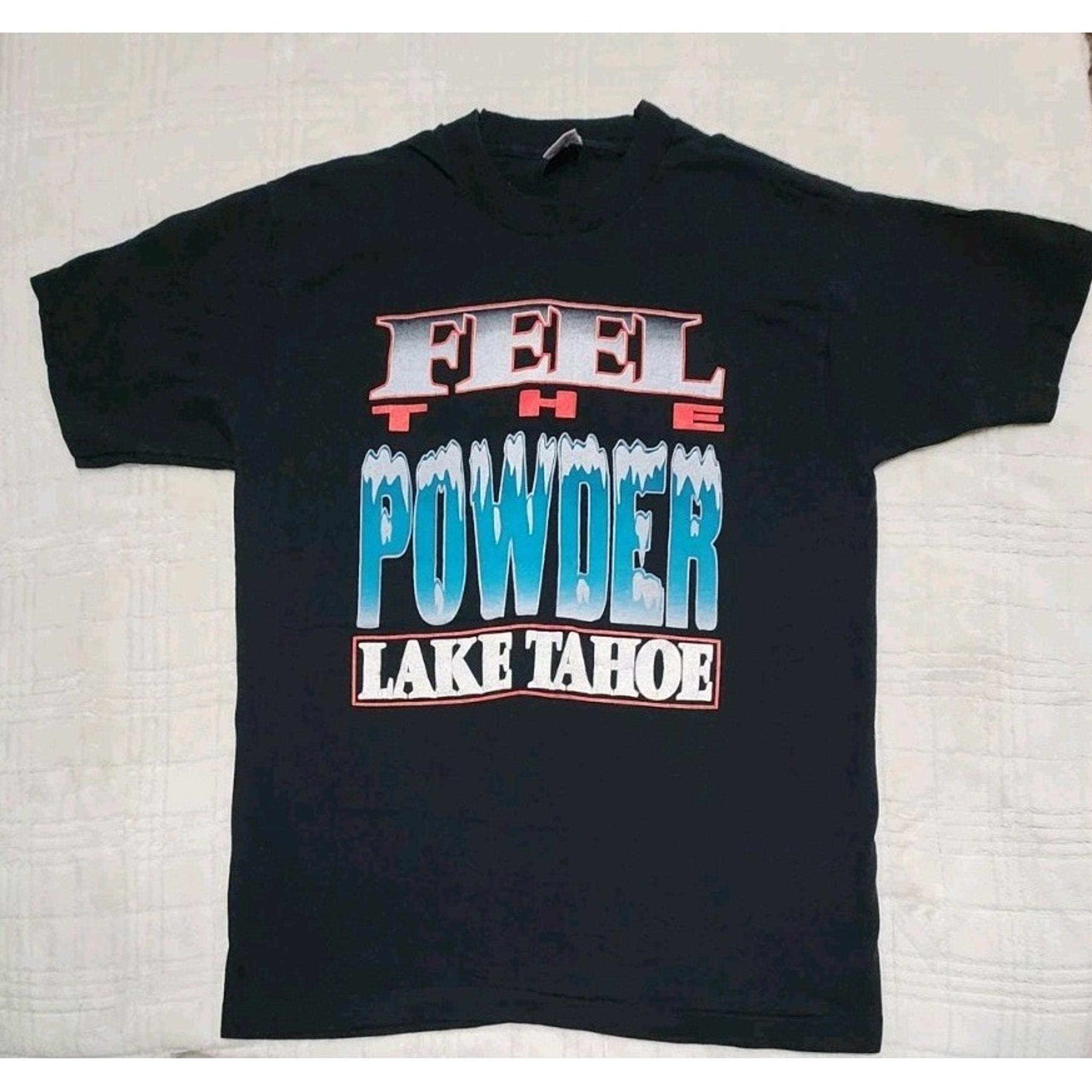Vtg Lake Tahoe "Feel The Powder" Skiing T Shirt Single Stitch Black Mens Large