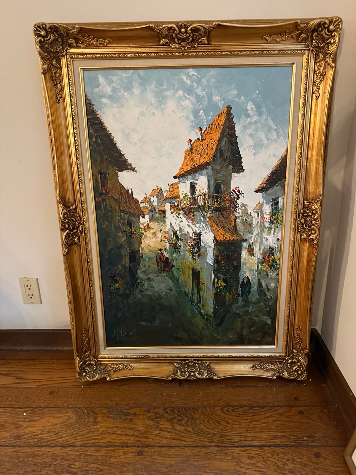 M.M. Merida Original Oil Painting 36x23 - Signed Spanish Village Street Scene,