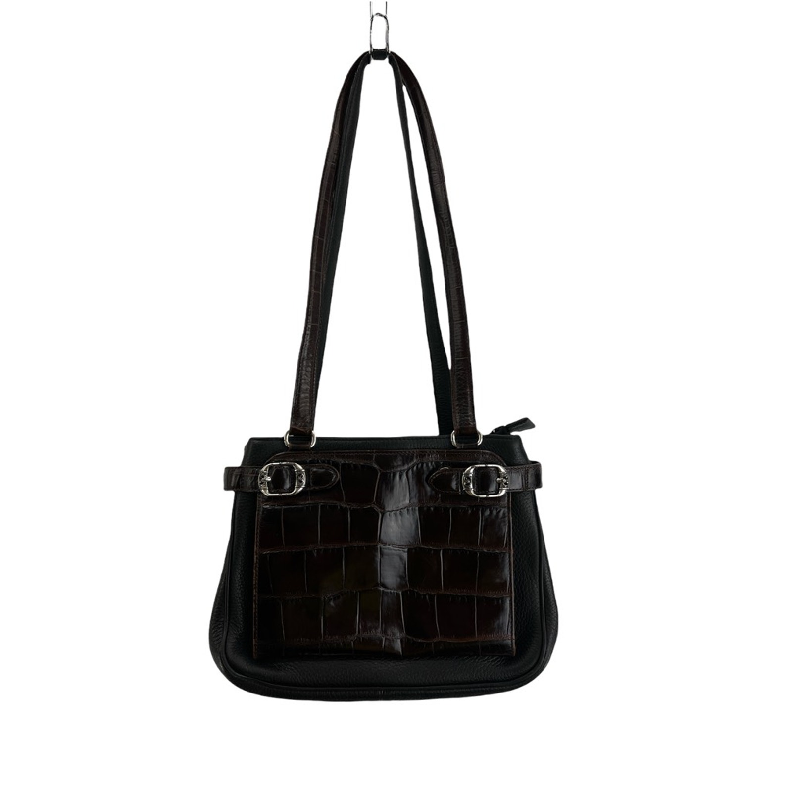 Brighton Womens Tote Bag Black Crocodile Print Buckle Dual Handle Zipper S