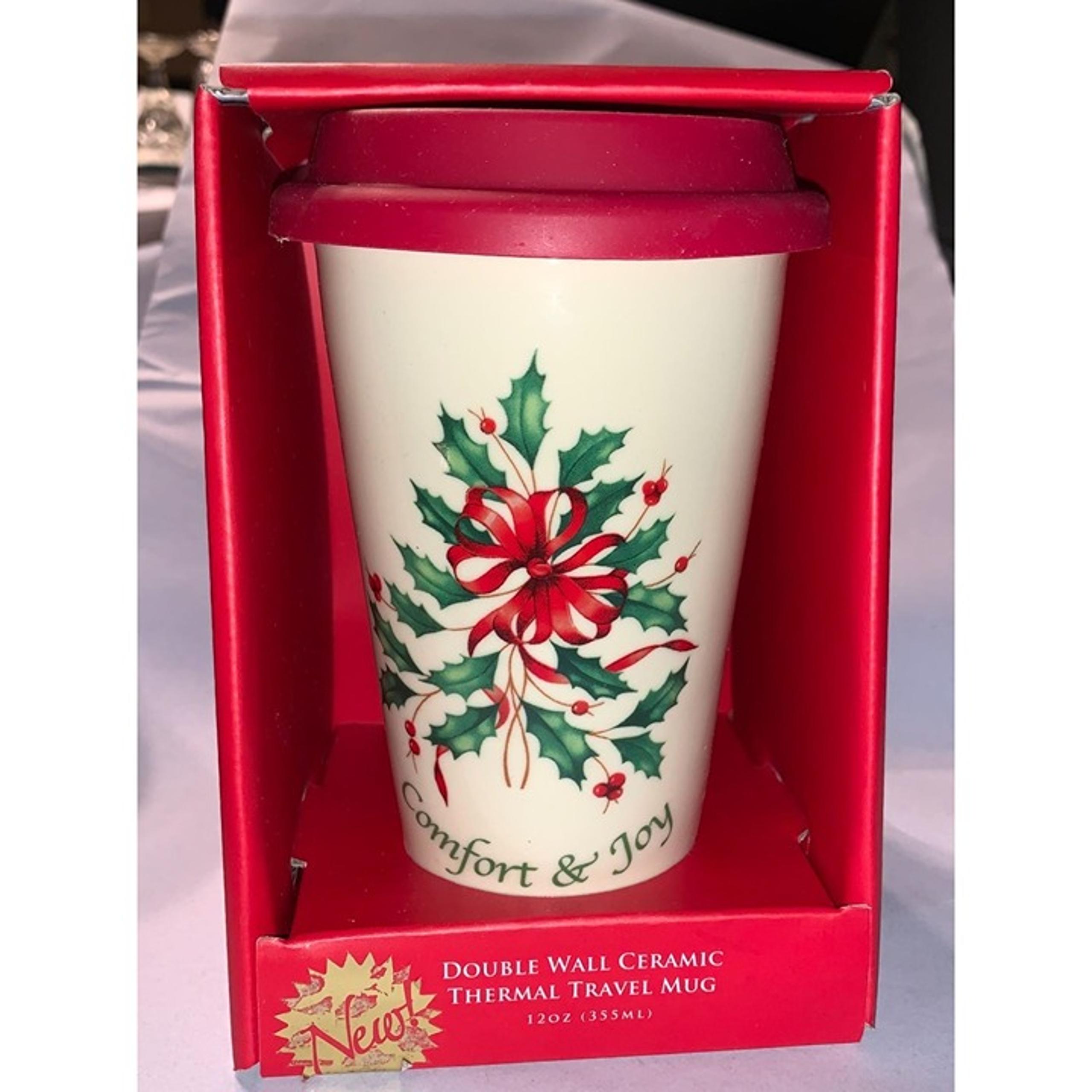 LENOX Holiday Comfort and Joy Double Wall Ceramic Thermal Travel Mug NEW NIB