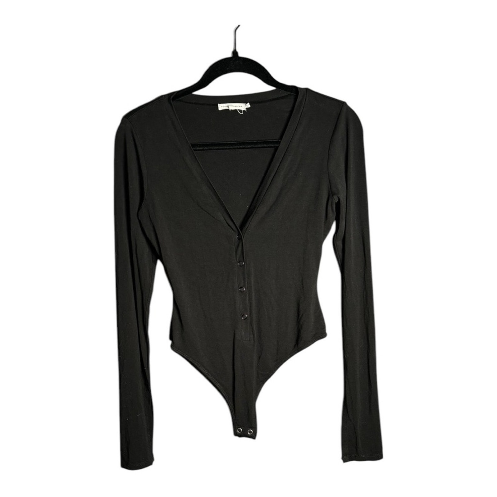 Good American Black Long Sleeve Snap Front Low V Neckline Bodysuit Size 2