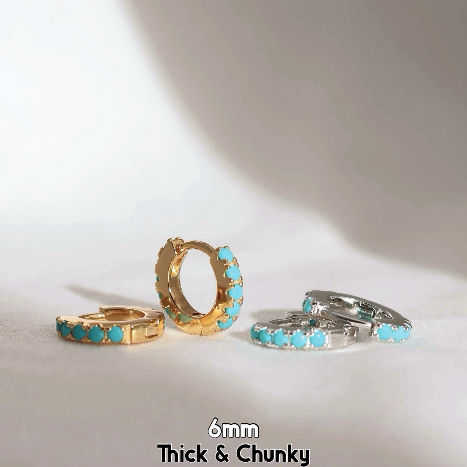 14K Yellow Gold Turquoise Paved Tiny Thick Chunky Huggie Hoop Earrings, NWT