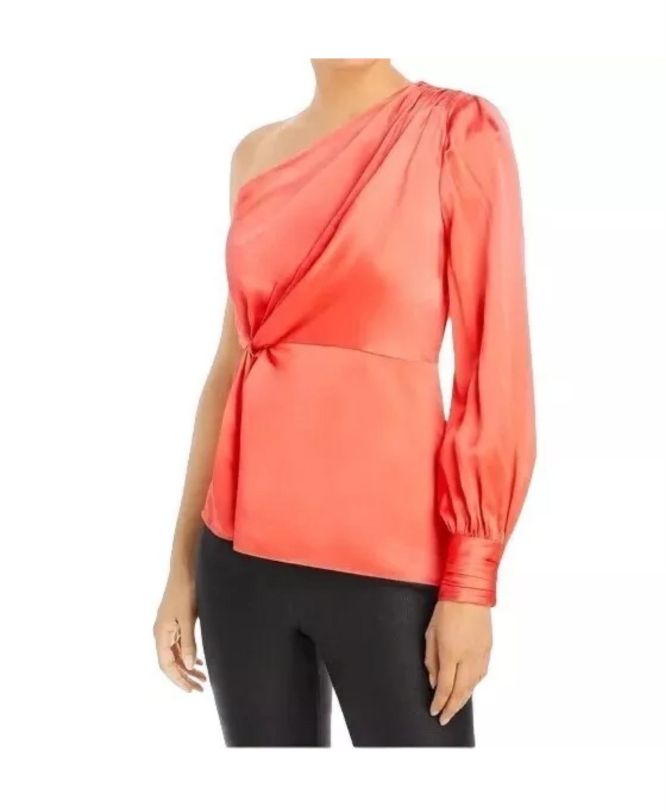 CINQ A SEPT One Shoulder Silk Stace Top Blouse Neon Coral LARGE L NWOT 395