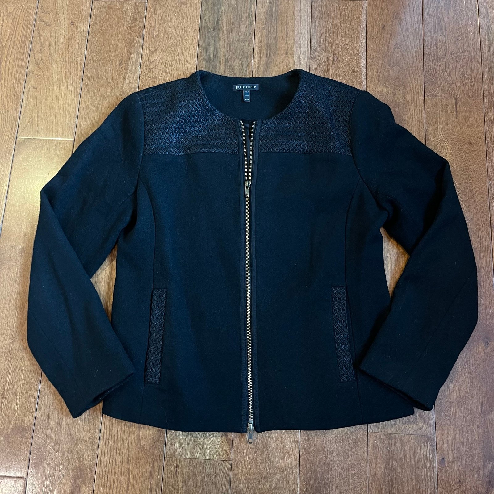 Womens EILEEN FISHER Contrast Woven Shoulder Black Wool Jacket Zip Up Sz M