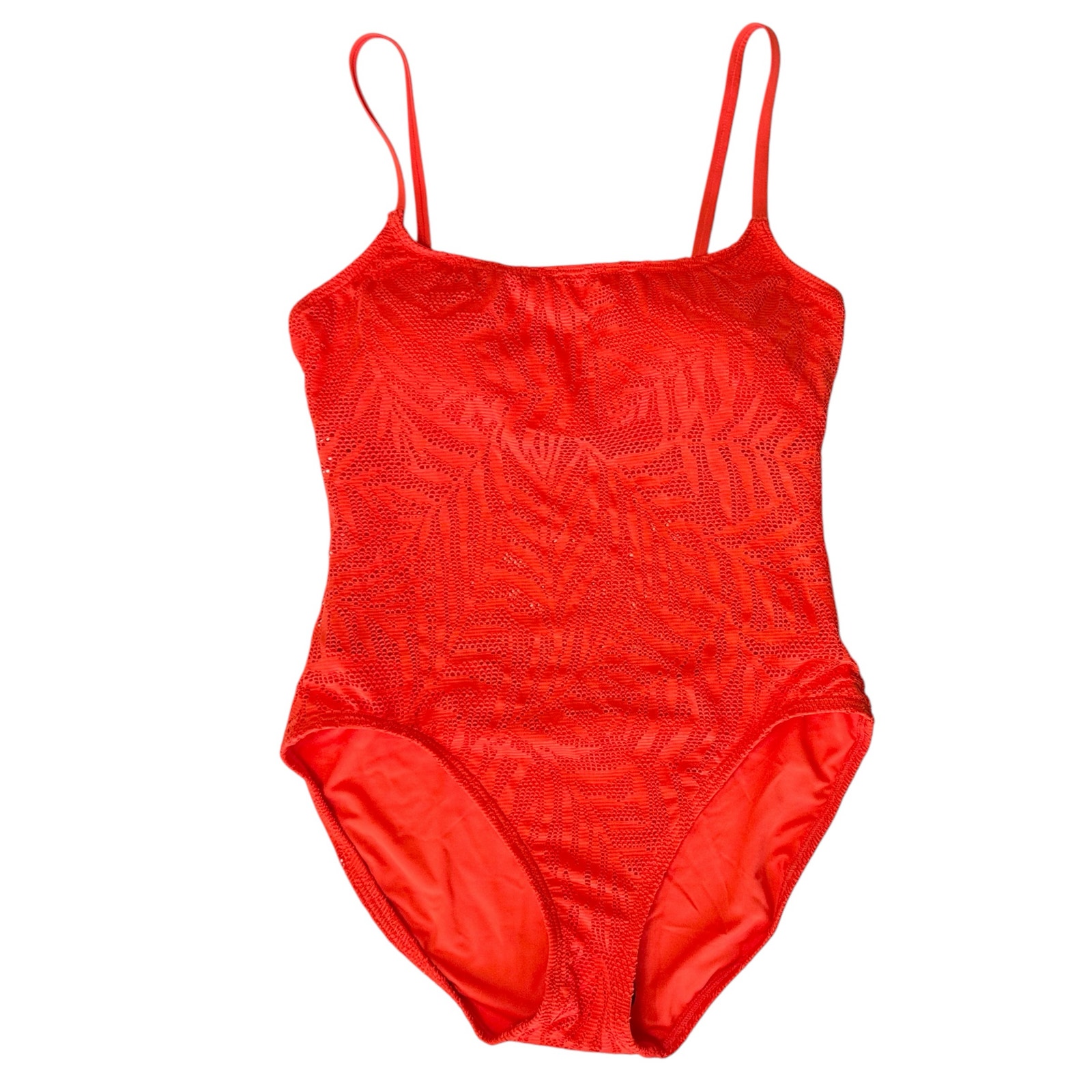 NWOT Carmen Marc Valvo Palm Tropical Mesh One Piece Swimsuit Orange Size 10
