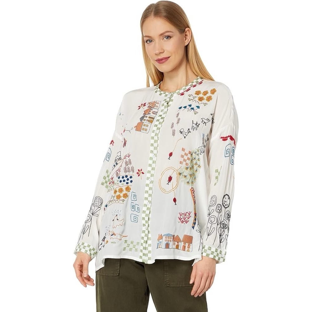 Johnny Was Cartagena Silk Embroidered White Blouse Boho Chic Size Large