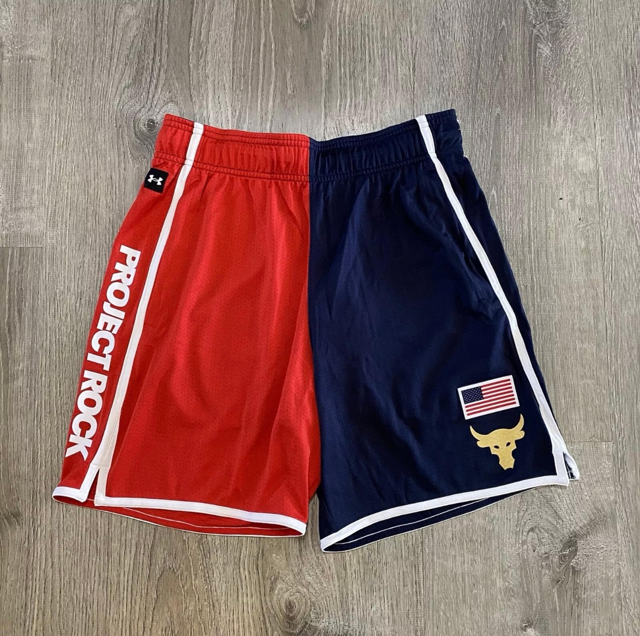 XL- Under Armour Project Rock USA Loose Fit Shorts Red White Blue Mens UA NEW